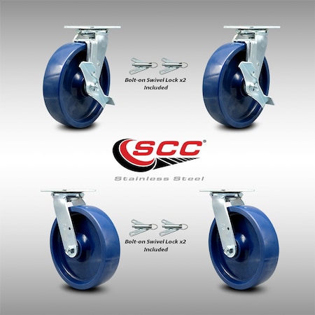 Service Caster 8 Inch SS Solid Poly Caster Set with Ball Bearings 4 Swivel Lock 2 Brake SCC SCC-SS30S820-SPUB-TLB-BSL-2-BSL-2